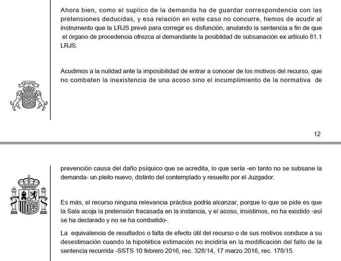 Párrafos de la sentencia en la que el TSJC deja claro que no hubo acoso laboral a Santana (Foto TA)